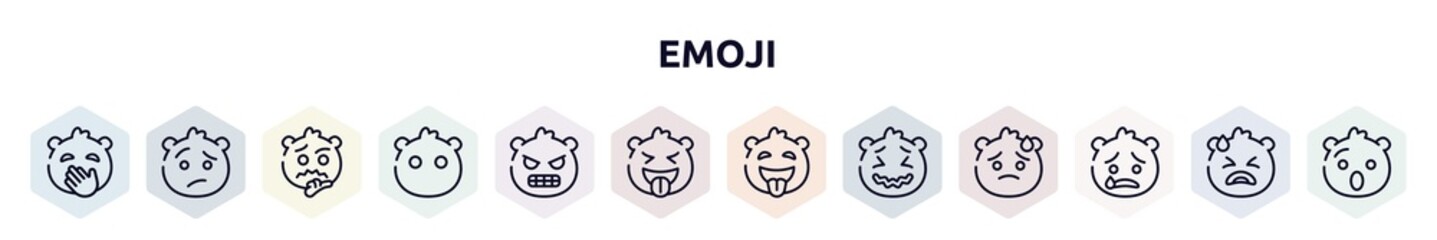 emoji outline icons set. thin line icons such as hand over mouth emoji, confused emoji, thinking without mouth, nervous tongue tongue out stress cry icon.