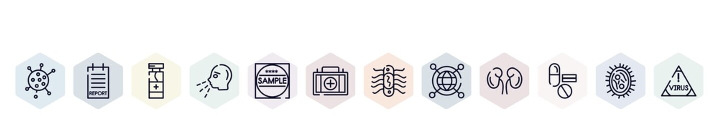 outline icons set. thin line icons such as flu, report, disinfect, sneezing, sample, medical, e coli, spreading, medicine icon.