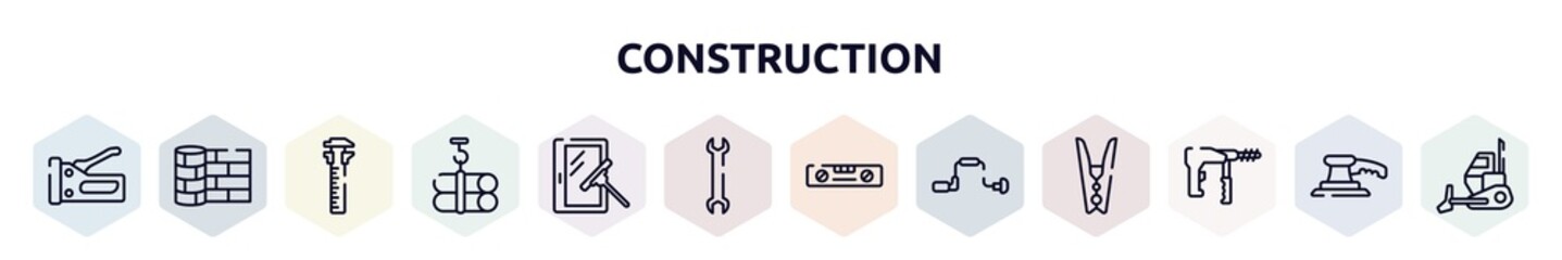 construction outline icons set. thin line icons such as big stapler, linoleum, sliding scale, tubes hook, window cleaner, big double wrench, balance ruler, brace, big driller icon.