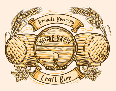 Home brew craft beer brewery - barrels of beer monochrome decorative emblem