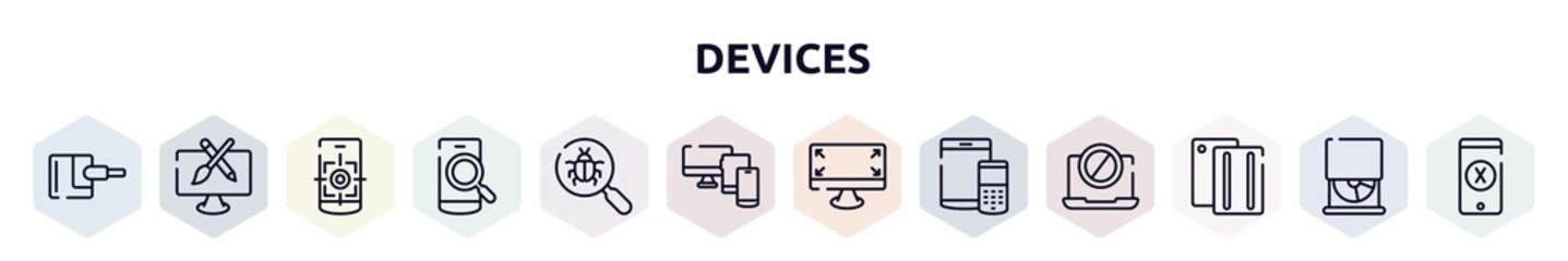 devices outline icons set. thin line icons such as power adapter, pencil and brush crossed, focus tool, phone search, bugs search, monitor tablet and smartphone, expand corners, tablet and