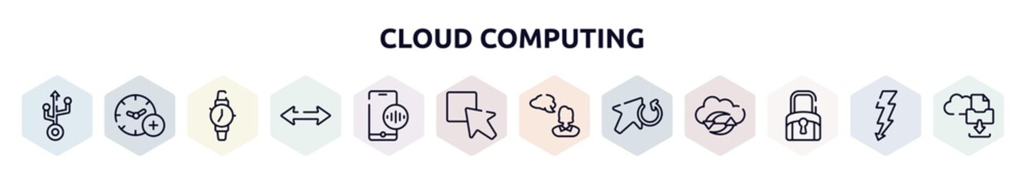 cloud computing outline icons set. thin line icons such as usb, add time, on time, left and right arrow, phone assistant, test box, , update arrow, black locked icon.
