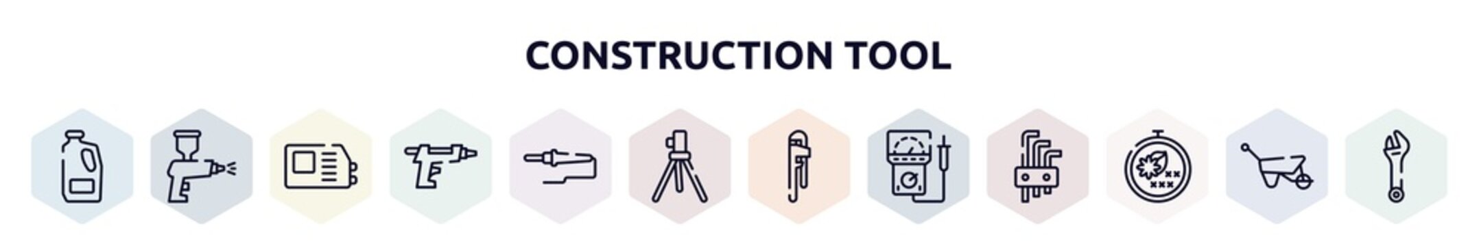 construction tool outline icons set. thin line icons such as detergent, spray paint gun, welding hine, glue gun, soldering, geodetic, hand tool, electric meter, cross stitch icon.