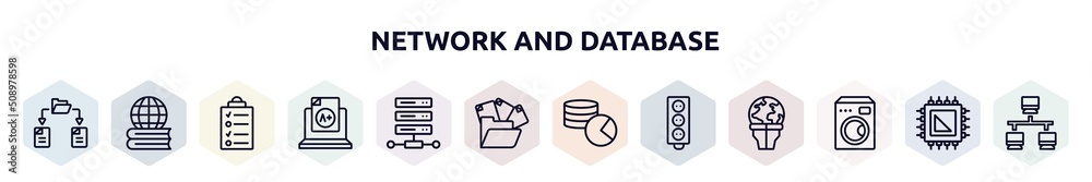 Poster network and database outline icons set. thin line icons such as file sharing, learning, data list, grades, web hosting, unstructured data, database usage, circuit board, electric appliances