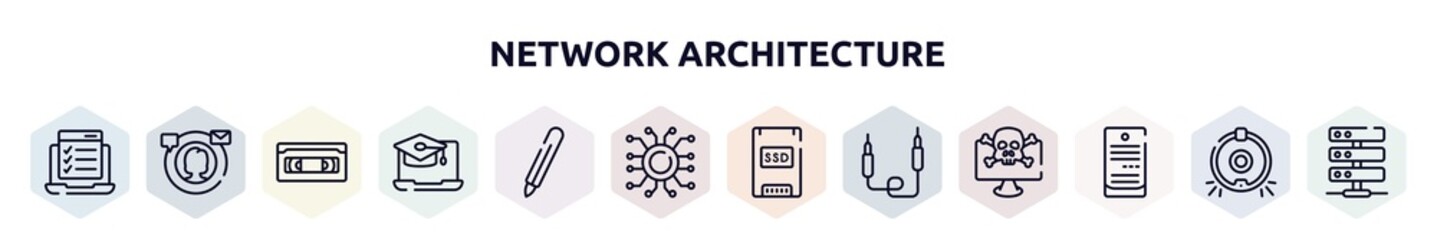 network architecture outline icons set. thin line icons such as online test, digital campaign, vhs, online university, digital pen, nanotech, solid state drive, jack, computer server icon.