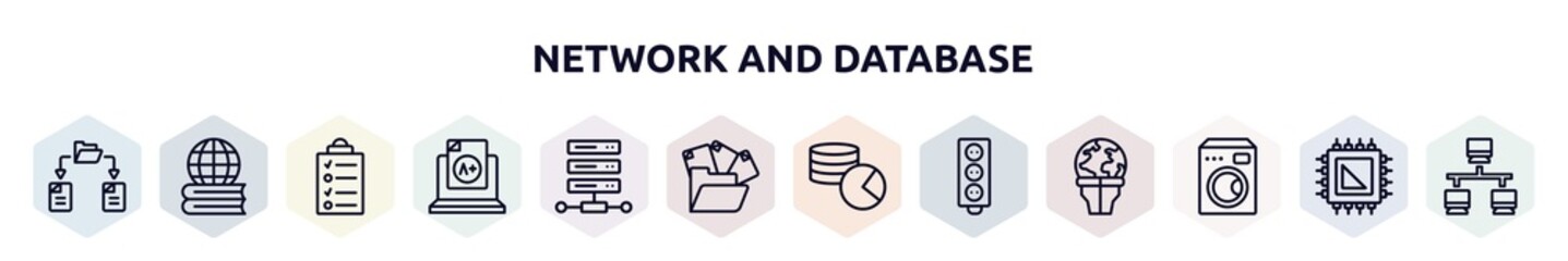 network and database outline icons set. thin line icons such as file sharing, learning, data list, grades, web hosting, unstructured data, database usage, circuit board, electric appliances