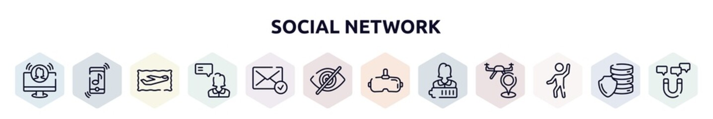 social network outline icons set. thin line icons such as teleconference, ringtone, air service, testimonial, message received, hide, virtual reality glasses, charged, enjoy icon.