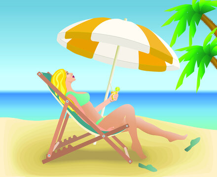 Girl in a blue bathing suit lying on a chaise lounge. Rest on the sea. A woman holds a glass with a cocktail in her hand. Summer vacation. Sandy beach isolated on white.