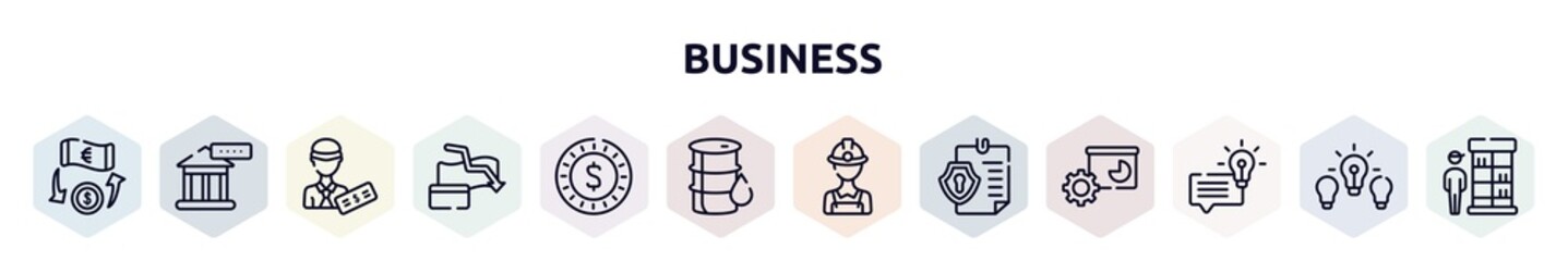 business outline icons set. thin line icons such as money transfer, bank rate, officer, bankrupt, dollar coin, oil barrel, miner, permission, suggestion icon.