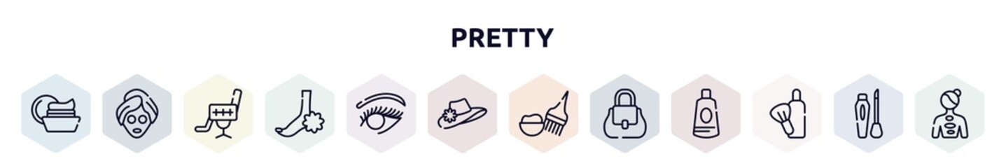 pretty outline icons set. thin line icons such as facial cream, beauty face mask, beauty salon chair, pedicure, woman eye, vintage woman hat, hair dye kit, women handbag, after shave icon.