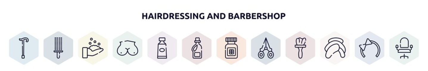 hairdressing and barbershop outline icons set. thin line icons such as cane, circular comb, hygienic, breast, toothpaste, softener, proteins, nail scissors, head towel icon.