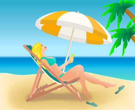 Girl in a blue bathing suit lying on a chaise lounge. Rest on the sea. A woman holds a glass with a cocktail in her hand. Summer vacation. Sandy beach isolated on white.