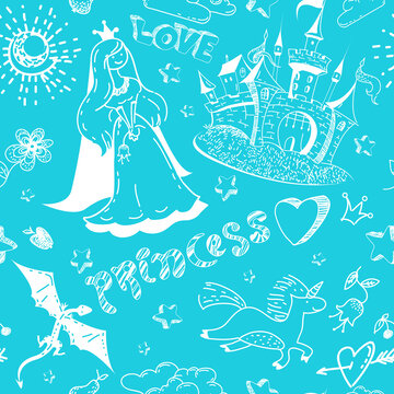 Summer childish seamless pattern with doodle castle, unicorns, flowers, princess, hearts, dragons and cheerful text. Cute Vector illustration for wrapping paper, fabric design, apparel print, party