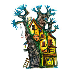 Obraz na płótnie Canvas Watercolor illustration fabulous house of gnomes and elves built on the large magic tree,isolated.