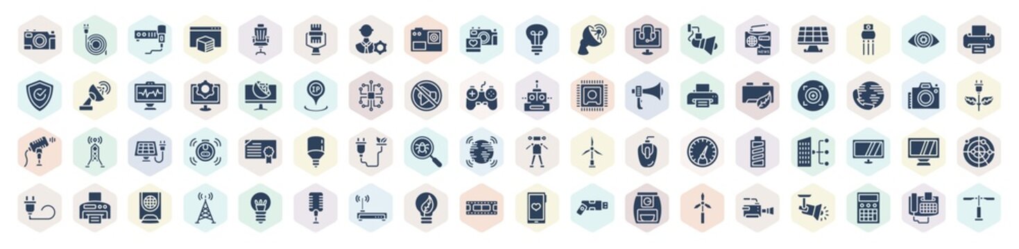 filled technology icons set. glyph icons such as camera front view, microphone interface, , cinema light with cable, tv and satellite, center focus, biomass, screen blank, horizontal film strip,