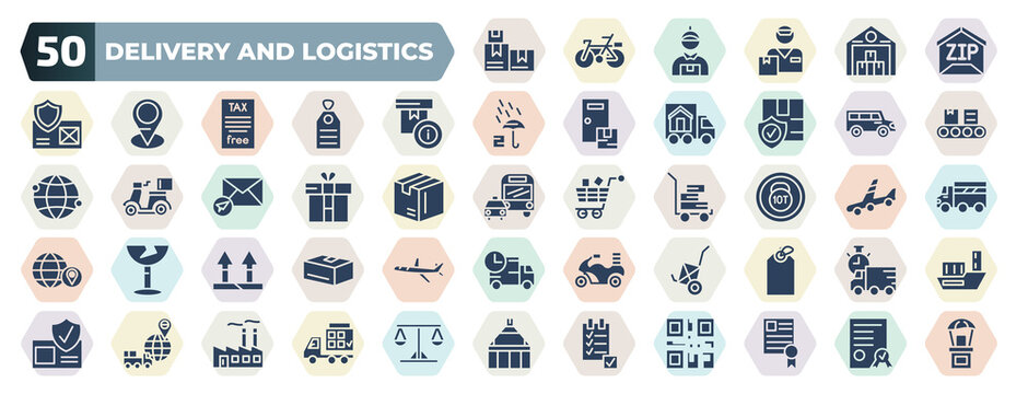 set of 50 filled delivery and logistics icons. glyph icons such as packages, zip code, delivery info, cargo bus, gift, weight limit, side up, cargo, worldwide delivery, list vector.