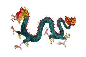 Chinese dragon on a white background. Watercolor illustration. Asian festival, carnival. Mythology. Legend. Dragon Boat Festival