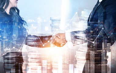 Business handshake on finance prosperity and money technology asset background . Economy and...
