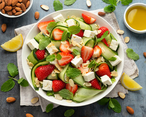 Summer Strawberry, cucumber salad with lettuce, feta cheese and almonds. Healthy Food.
