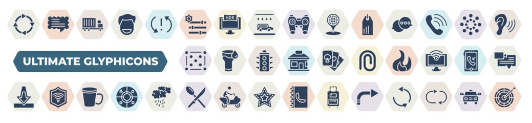Obraz na płótnie Canvas set of 40 filled ultimate glyphicons icons. glyph icons such as circular counterclockwise arrows, tings bars, clothes label, dot crossed, attach rotated, download arrow with bar, big cup, knife and