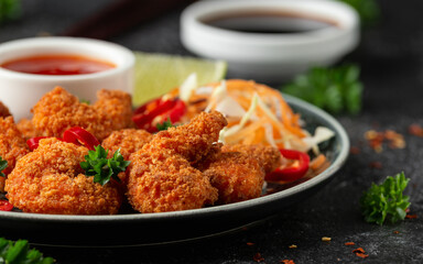 Crispy Prawns in breadcrumbs. Served with cabbage, carrot salad and soy and sweet chilli sauce