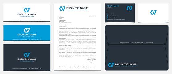 V or CNV logo with stationery, business cards and social media banner designs