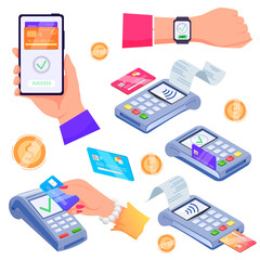 Pos terminal set. Contactless payments. Payment terminals marks successful on screens. Buy with credit cards. Transaction receipt on smartphone. Pay by NFC watch. Online banking. Vector illustration.