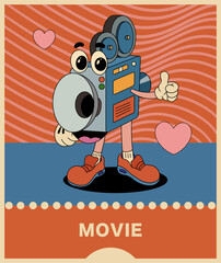 Drawn camera character on red background with wavy lines. Retro style poster. In the colors of the 90's. Can be used as a banner, postcard, advertisement for the festival.