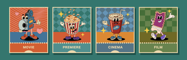 Vintage movie posters. Popcorn character on blue background with text block. Camera character on wavy background. Circle character and ticket on geometric pattern.