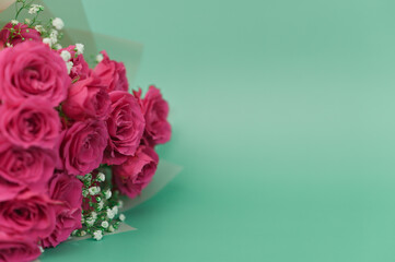 roses with gypsophila on a green background. copy space