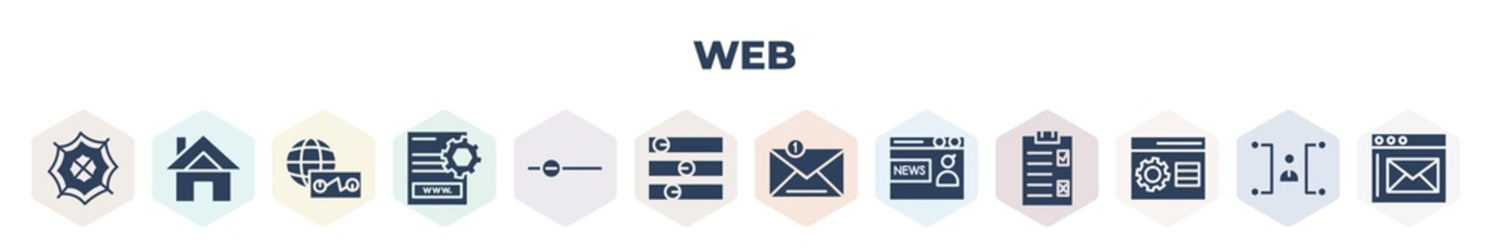 filled web icons set. glyph icons such as cobweb and spider, home button, web stocks data line graphic interface, page ting interface, slider, on slider, close envelope, newscaster, favorite up,
