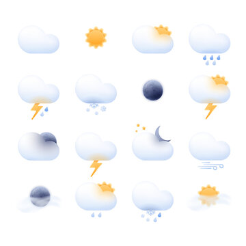 Weather icon set for a website or mobile app UI. Bright realistic 3d modern glass morphism design in vector isolated on dark background.