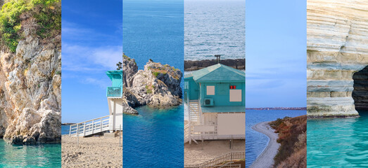Summer collage with beautiful landscapes of sea resorts and lifeguard posts