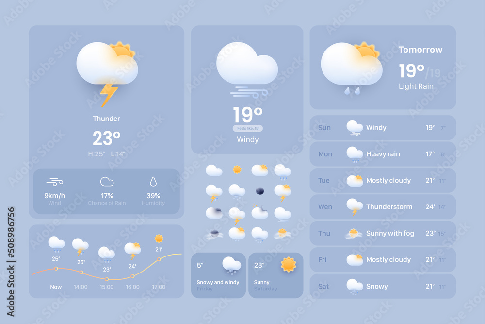 Wall mural сards for a weather widget. weather icon set for a website or mobile app ui. bright realistic 3d mod