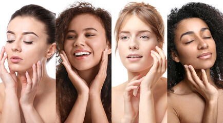 Obraz premium Set of different young women on white background. Cosmetology concept