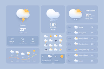 Сards for a weather widget. Weather icon set for a website or mobile app UI. Bright realistic 3d modern glass morphism elements in vector.