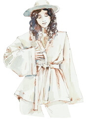 Vintage models. Retro fashion Girls. Sketch style. Hand drawn watercolor and brown ink illustration