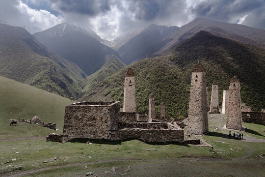 Ruins of an ancient Ingush mountain village with stone towers and houses, Ingushetia, Russia