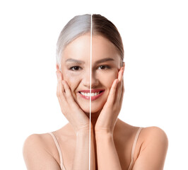 Beautiful young woman massaging her face on white background