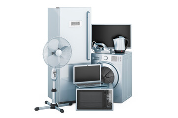 Set of kitchen and home appliances. Refrigerator, washing machine, laptop, microwave, fan, iron, monitor. 3D rendering