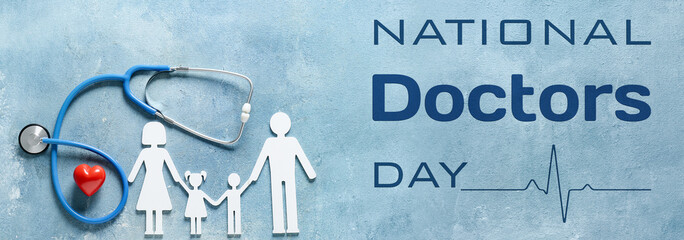 Figure of family, red heart and stethoscope on blue background. National Doctors Day
