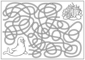 Kids maze game and labyrinth. Children education riddle and coloring book. Find way for the seal to treasure. Education activity page and worksheet. Cartoon sea vector illustration.
