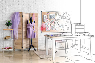 New interior of fashion designer's officer with workplace, sketch board and mannequin