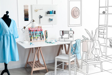 New interior of fashion designer's officer with tailor's workplace and mannequin