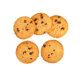 Tasty chocolate chip cookies isolated on white background. Top view