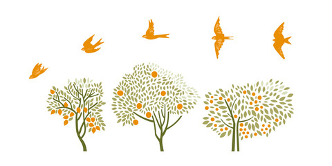 Fruit trees and birds above them. Orange, lemon, apple tree. Vector illustration.