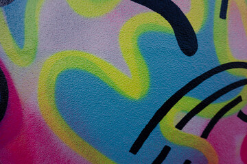 Fragment of the wall with colorful graffiti painting in the street. Part of colorful street art graffiti on wall background