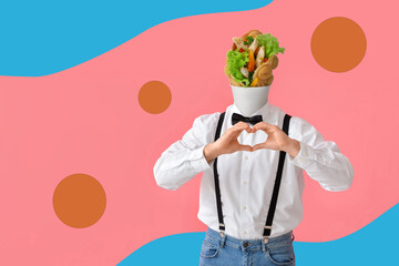 Man with tasty bubble waffle instead of his head making heart with hands on colorful background