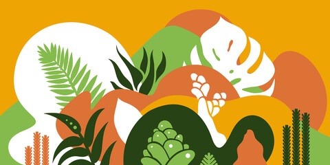 Mountain hilly landscape with tropical plants and trees, palms, succulents. Scandinavian style. Environmental protection, ecology. Park, exterior space, outdoor. Vector illustration.