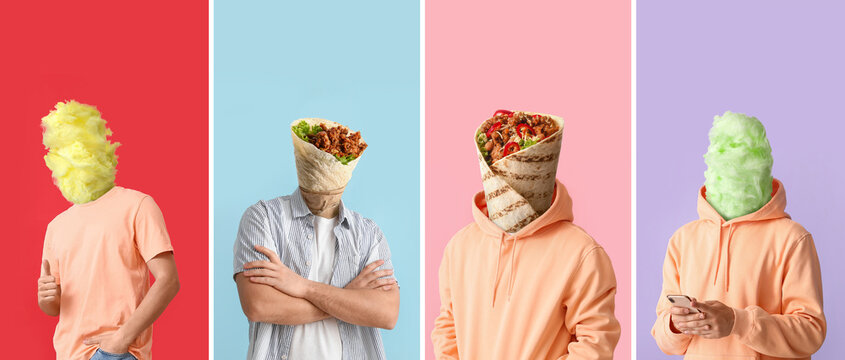 Set of people with tasty food instead of their heads on colorful background